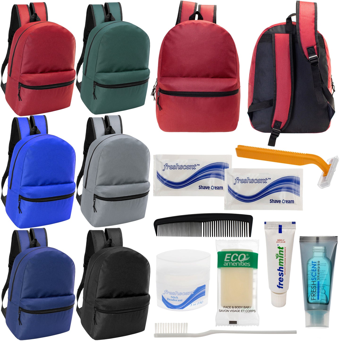 12 Basic 18.5" Backpacks in 6 Assorted Colors & Your Choice of 12 Bulk Hygiene Kits - Wholesale Care Package: Homeless, Emergency, Charity