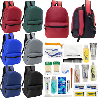 12 Basic 18.5" Backpacks in 6 Assorted Colors & Your Choice of 12 Bulk Hygiene Kits - Wholesale Care Package: Homeless, Emergency, Charity