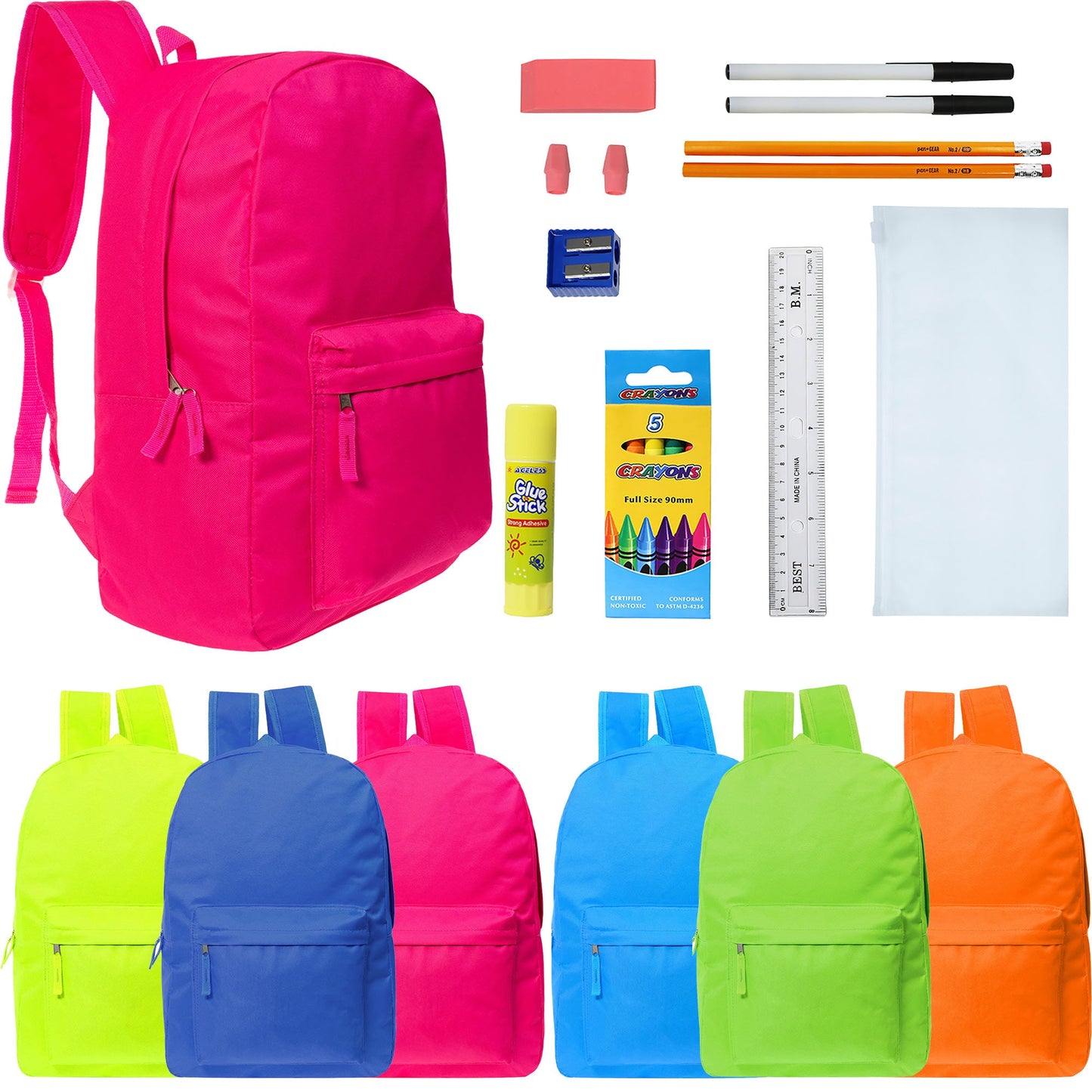 Wholesale Backpacks in 6 Bright Colors & 12 Bulk School Supply Kits