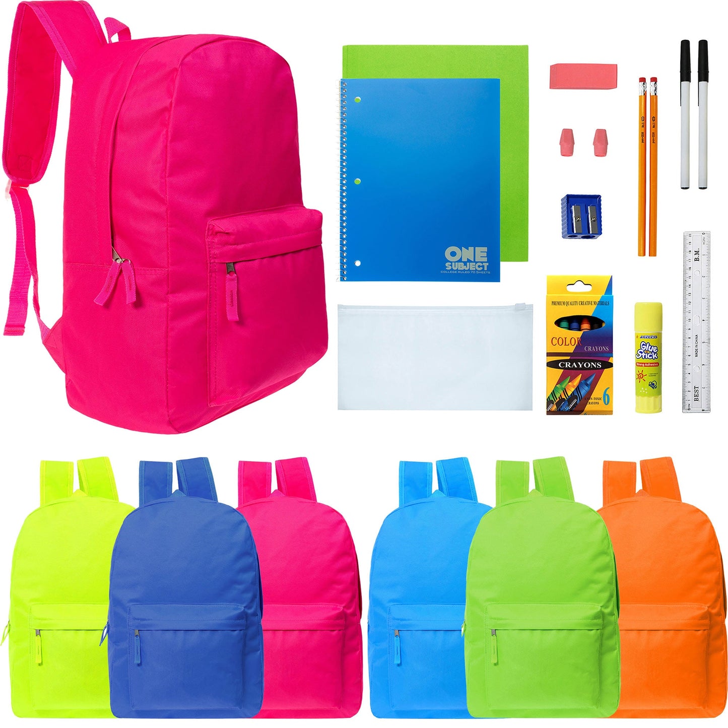 Wholesale Backpacks in 6 Bright Colors & 12 Bulk School Supply Kits