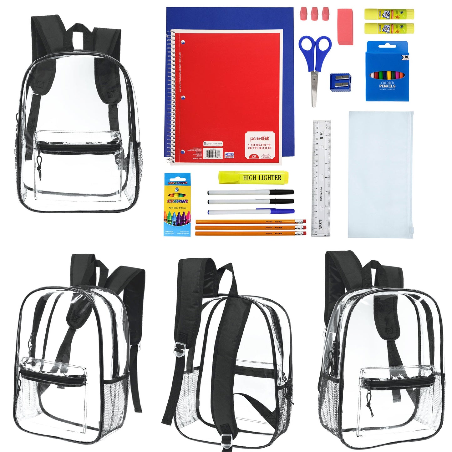 12 Wholesale 17" Clear backpacks with Black Trim & 12 Bulk School Supply Kits of Your Choice