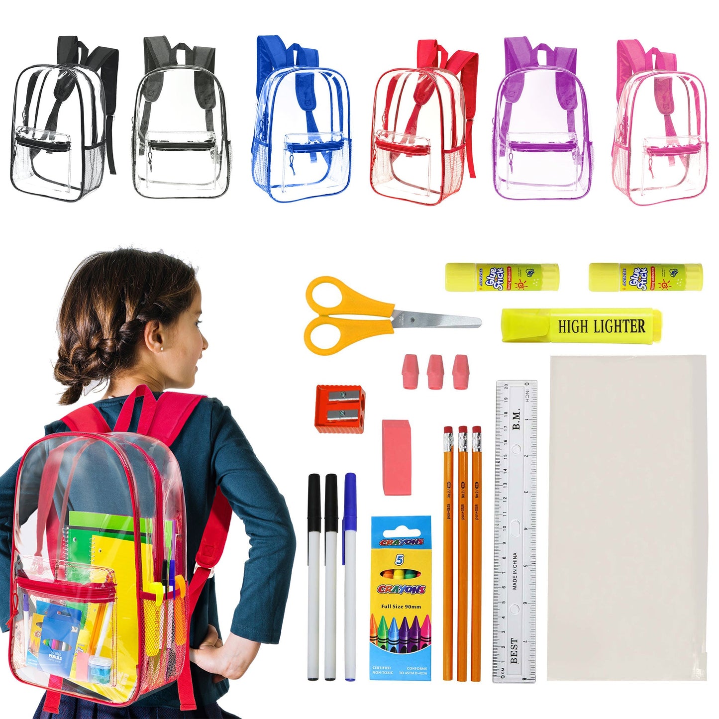 12 Clear Wholesale 17" Backpacks in Assorted Colors and 12 Bulk School Supply Kits of Your Choice