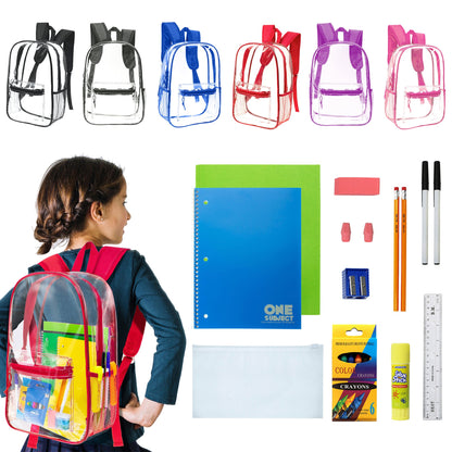 12 Clear Wholesale 17" Backpacks in Assorted Colors and 12 Bulk School Supply Kits of Your Choice