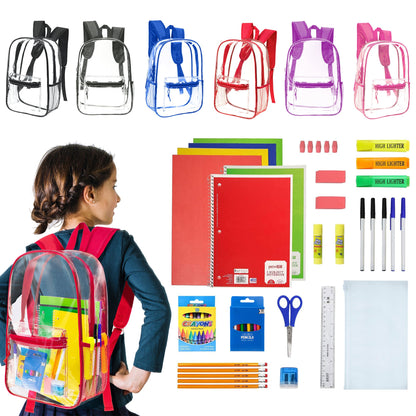 12 Clear Wholesale 17" Backpacks in Assorted Colors and 12 Bulk School Supply Kits of Your Choice