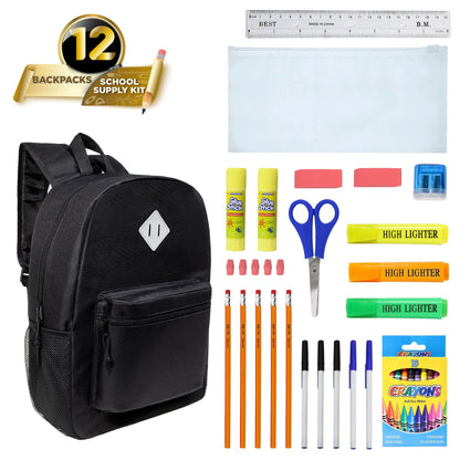 12 Black 17" Backpacks with a Diamond Patch & Side Pocket & 12 Bulk School Supply Kits of Your Choice