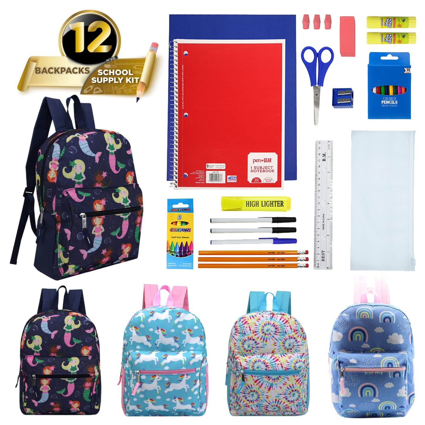 12 Wholesale Kids 15" Backpacks and 12 Bulk School Supply Kits of Your Choice