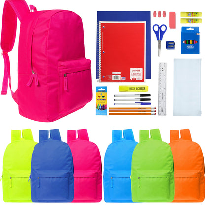 Wholesale Backpacks in 6 Bright Colors & 12 Bulk School Supply Kits