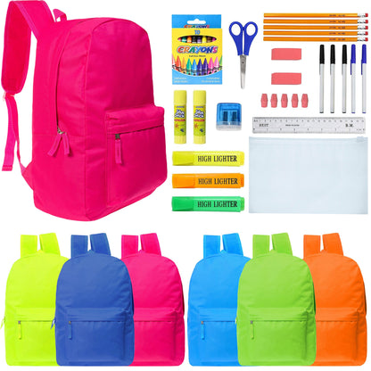 Wholesale Backpacks in 6 Bright Colors & 12 Bulk School Supply Kits