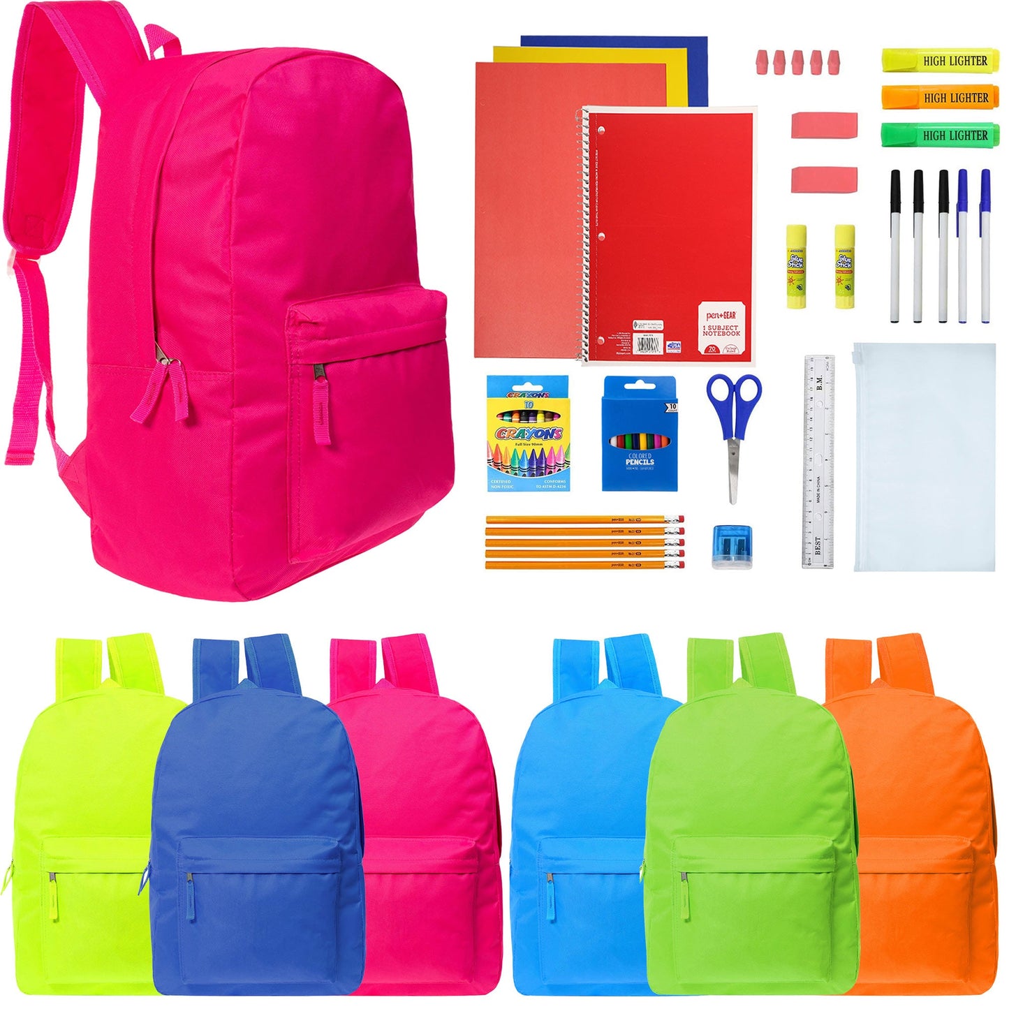 Wholesale Backpacks in 6 Bright Colors & 12 Bulk School Supply Kits