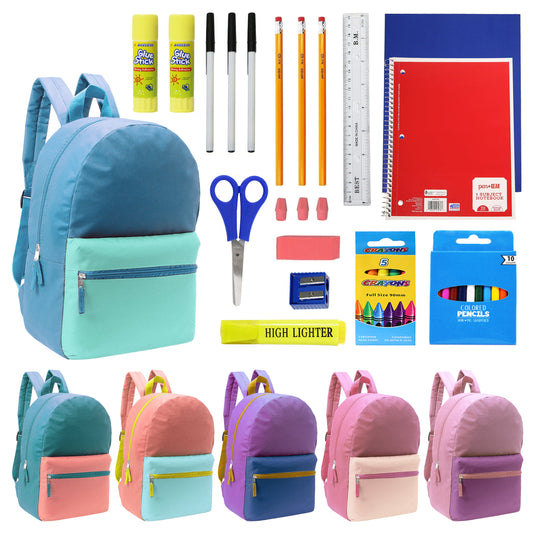 12 Wholesale Multi Color Student Backpacks in Assorted Colors and 12 Bulk School Supply Kits