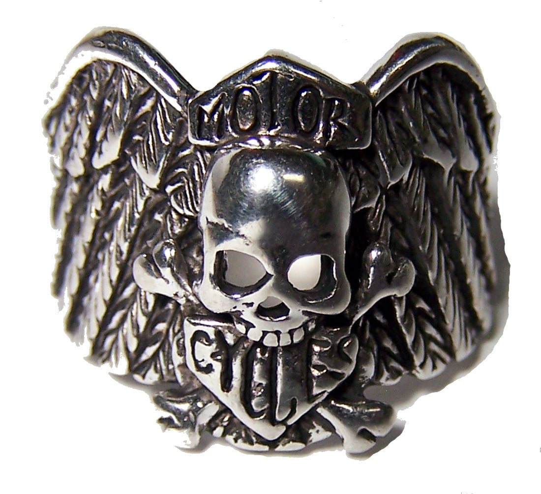 Skull Wing Motorcycle Shield Biker Ring - Sterling Silver Plated, Durable USA-Made