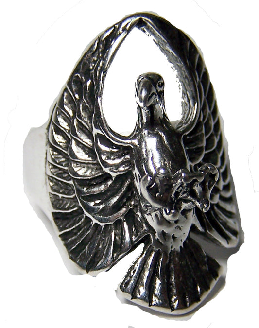 Flying Eagle with Claws Biker Ring – Sterling Silver Plated, Heavy Bronze Base Metal