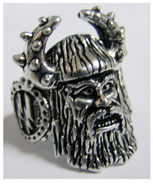 Viking Head with Horn Hat Biker Ring – Sterling Silver Plated, Heavy Bronze Base