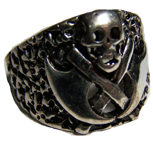 Skull with Crossed Axes Biker Ring – Sterling Silver Plated, Heavy Bronze Base