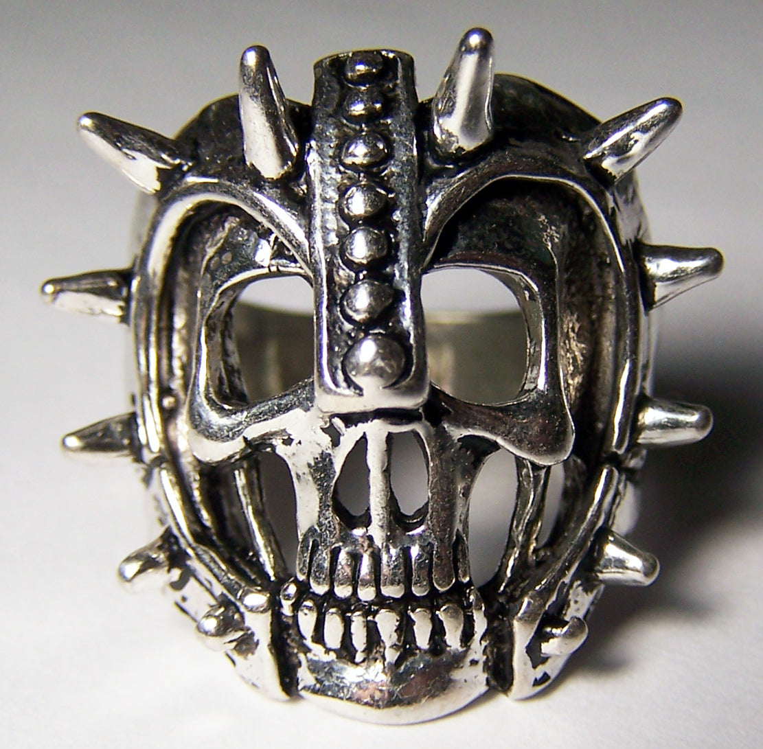 Skull with Spiked Face Helmet Biker Ring – Sterling Silver Plated