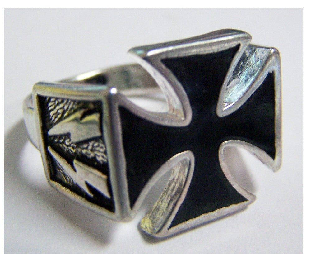 Iron Cross with Lightning Bolts Biker Ring – Sterling Silver Plated