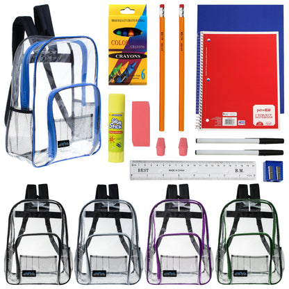 12 Wholesale 13" Clear Backpacks in Assorted Colors and 12 Bulk School Supply Kits of Your Choice