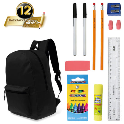 12 Wholesale 15" Classic Backpacks in Black & 12 Bulk School Supply Kits of Your Choice