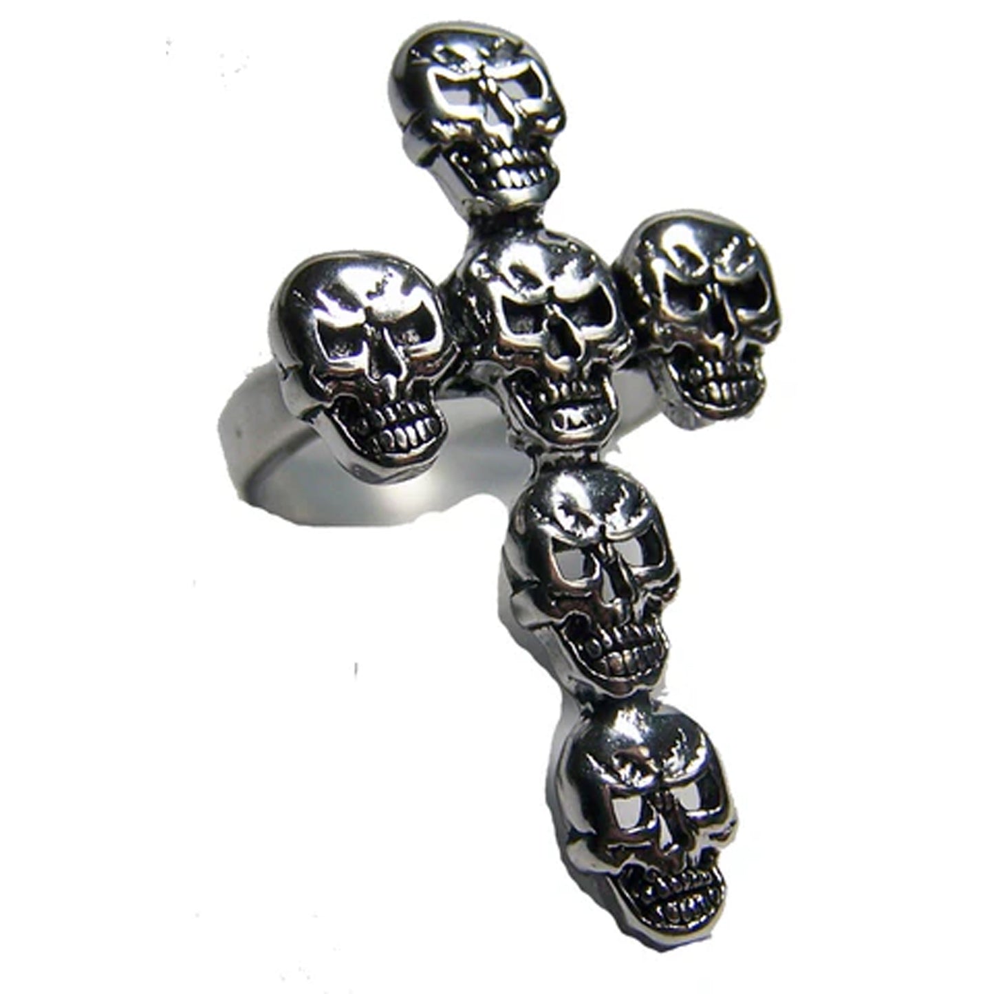 Large Cross Skull Heads Biker Ring – Sterling Silver Plated, Heavy Bronze Base