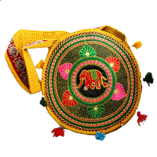 Circular Bag with Floral Print & Elephant Design