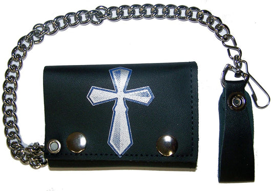 Celtic Cross Trifold Leather Wallet with Chain - Genuine Leather