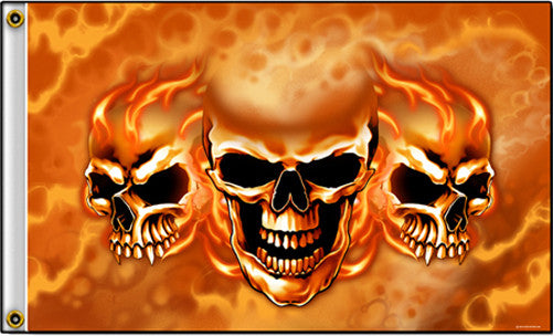 "Deluxe Triple Skull Flames" 3x5 Motorcycle Biker Flag – High-Quality, Fully Licensed, Durable Outdoor Banner