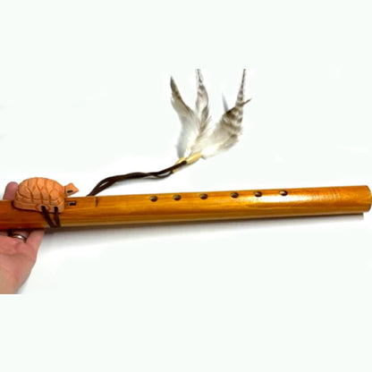 Handmade Carved Wooden Turtle Flute With Feathers - NoveltiesMart.com Wholesale