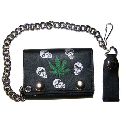 Skull Heads Marijuana Trifold Leather Wallet with Chain Wholesale