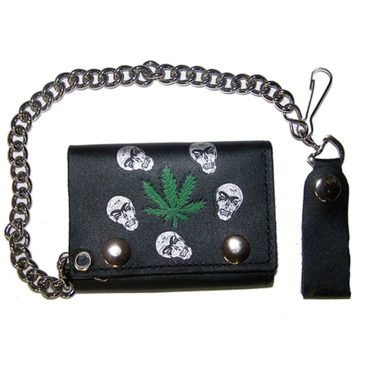 Skull Heads Marijuana Trifold Leather Wallet with Chain Wholesale