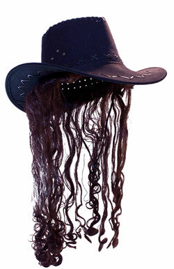 Cowboy Hat with Long Brown Hair - Wholesale Costume Accessory