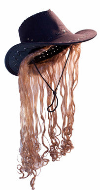 Cowboy Hat with Long Blonde Hair - Wholesale Costume Accessory