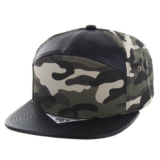 Kamel 707 7 Panel PU Leather Camo Flat Adjustable Snapback Hat