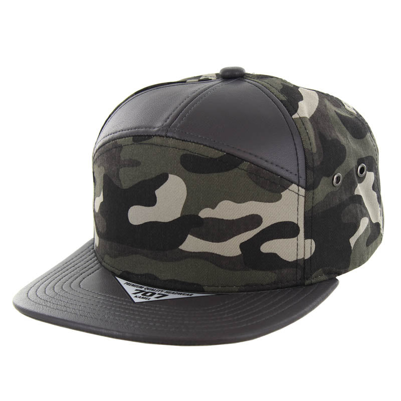 Kamel 707 7 Panel PU Leather Camo Flat Adjustable Snapback Hat