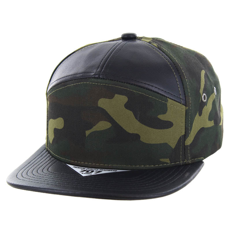 Kamel 707 7 Panel PU Leather Camo Flat Adjustable Snapback Hat