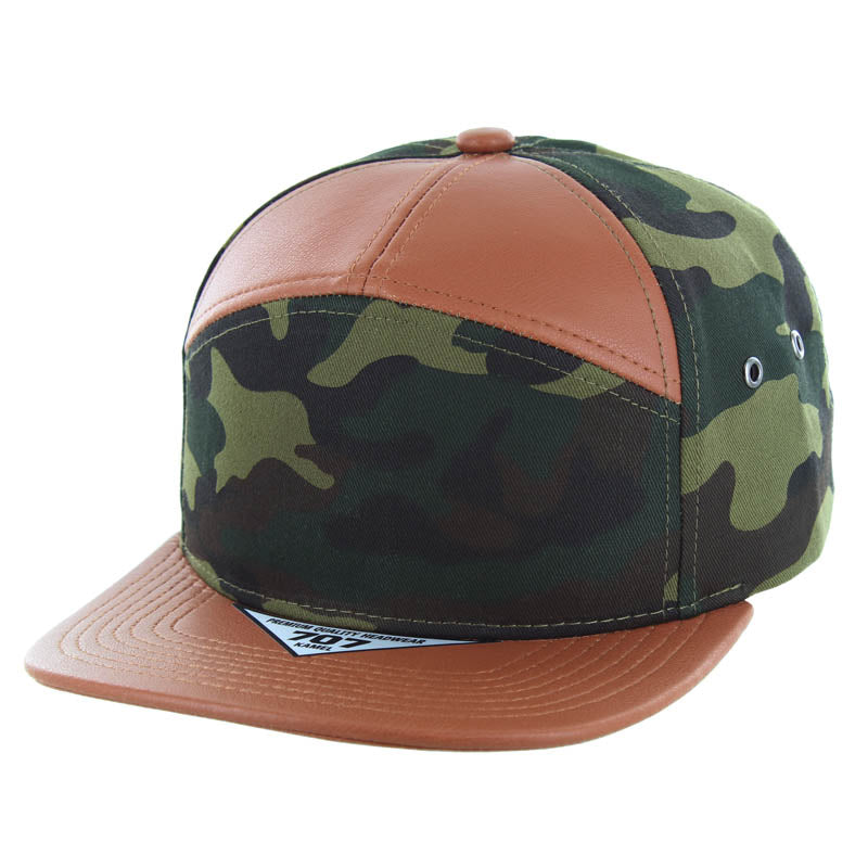 Kamel 707 7 Panel PU Leather Camo Flat Adjustable Snapback Hat