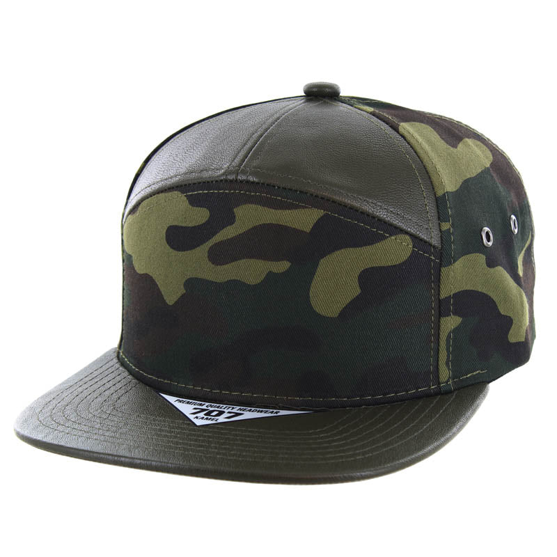 Kamel 707 7 Panel PU Leather Camo Flat Adjustable Snapback Hat