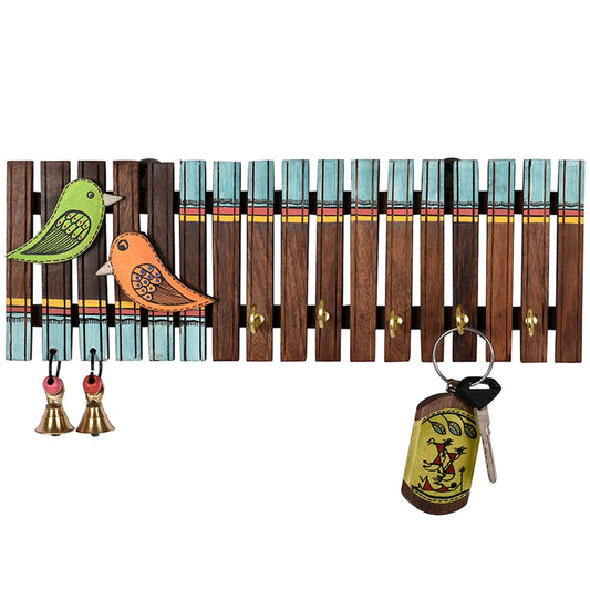 Wooden Key Holder with Birds and Modish Arts Engraved - 12 x 5.5 Inches