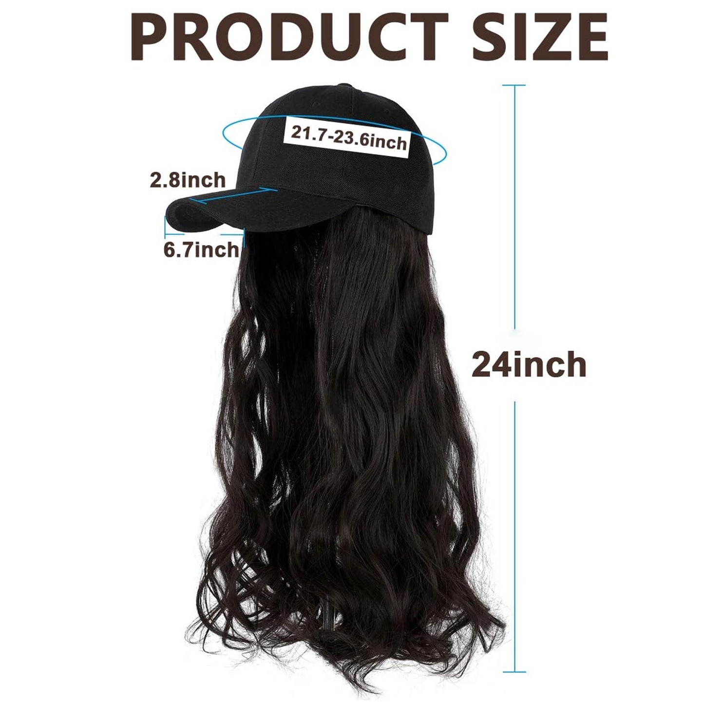 Baseball Hat with Long Black Hair - Novelty Cap Wholesale