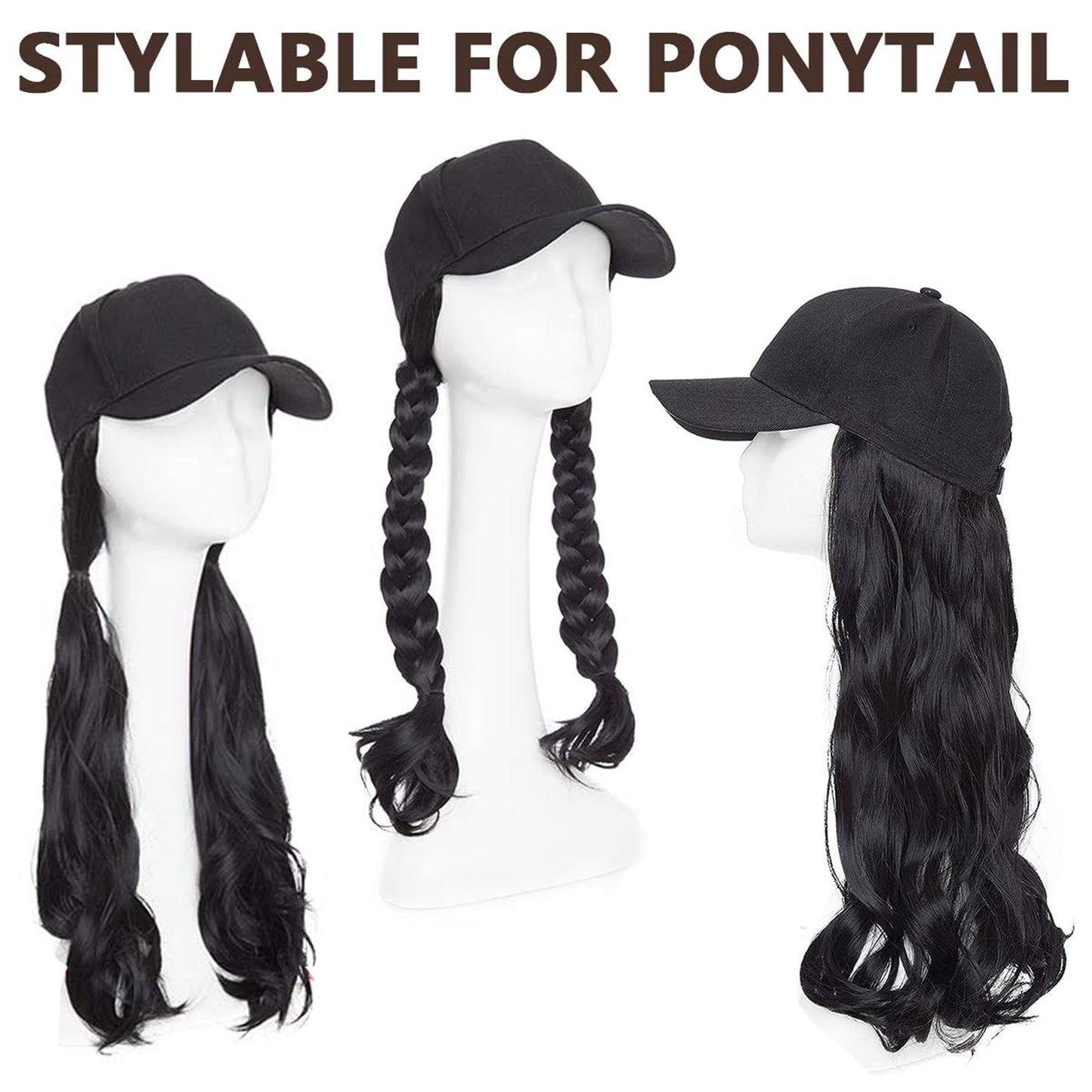 Baseball Hat with Long Black Hair - Novelty Cap Wholesale