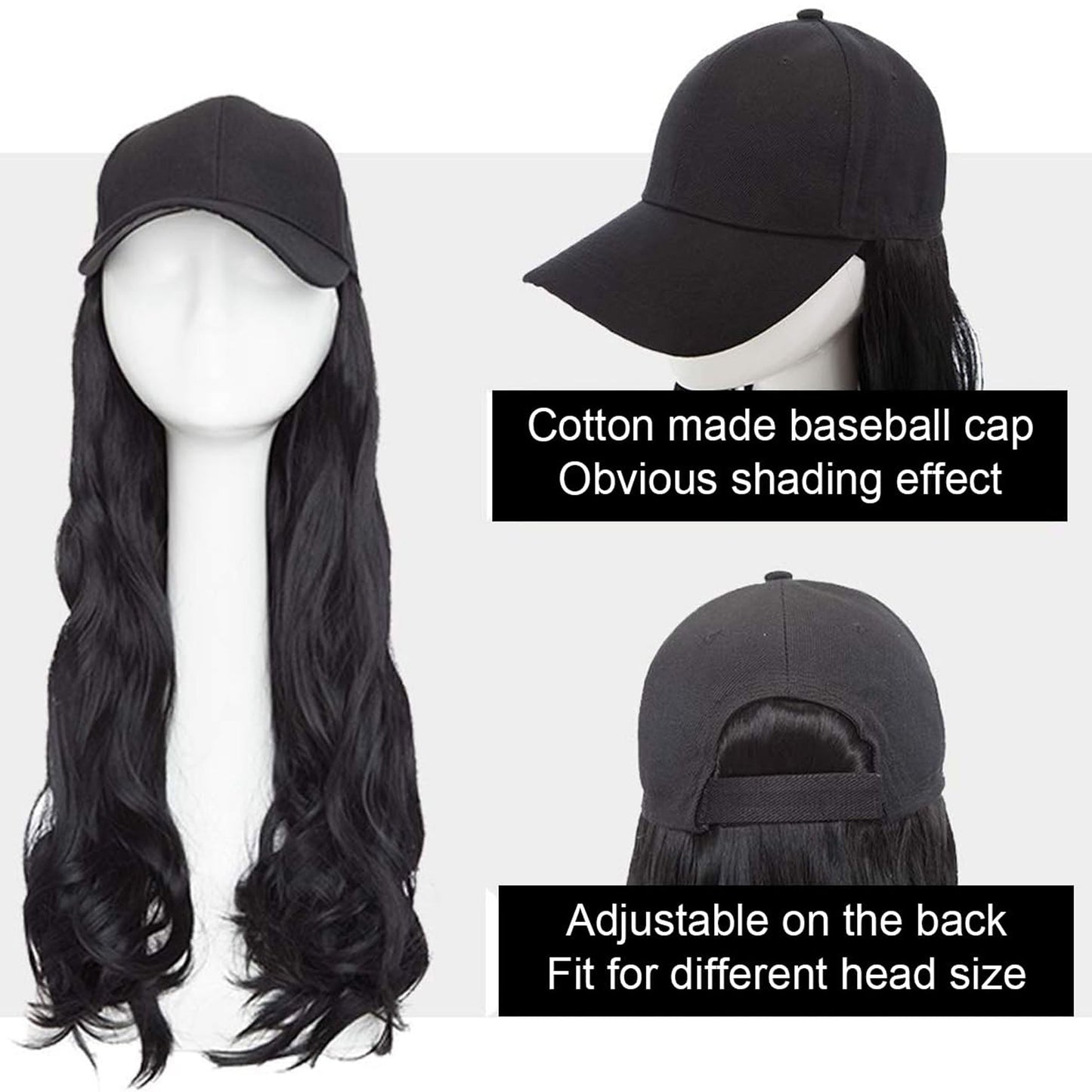 Baseball Hat with Long Black Hair - Novelty Cap Wholesale