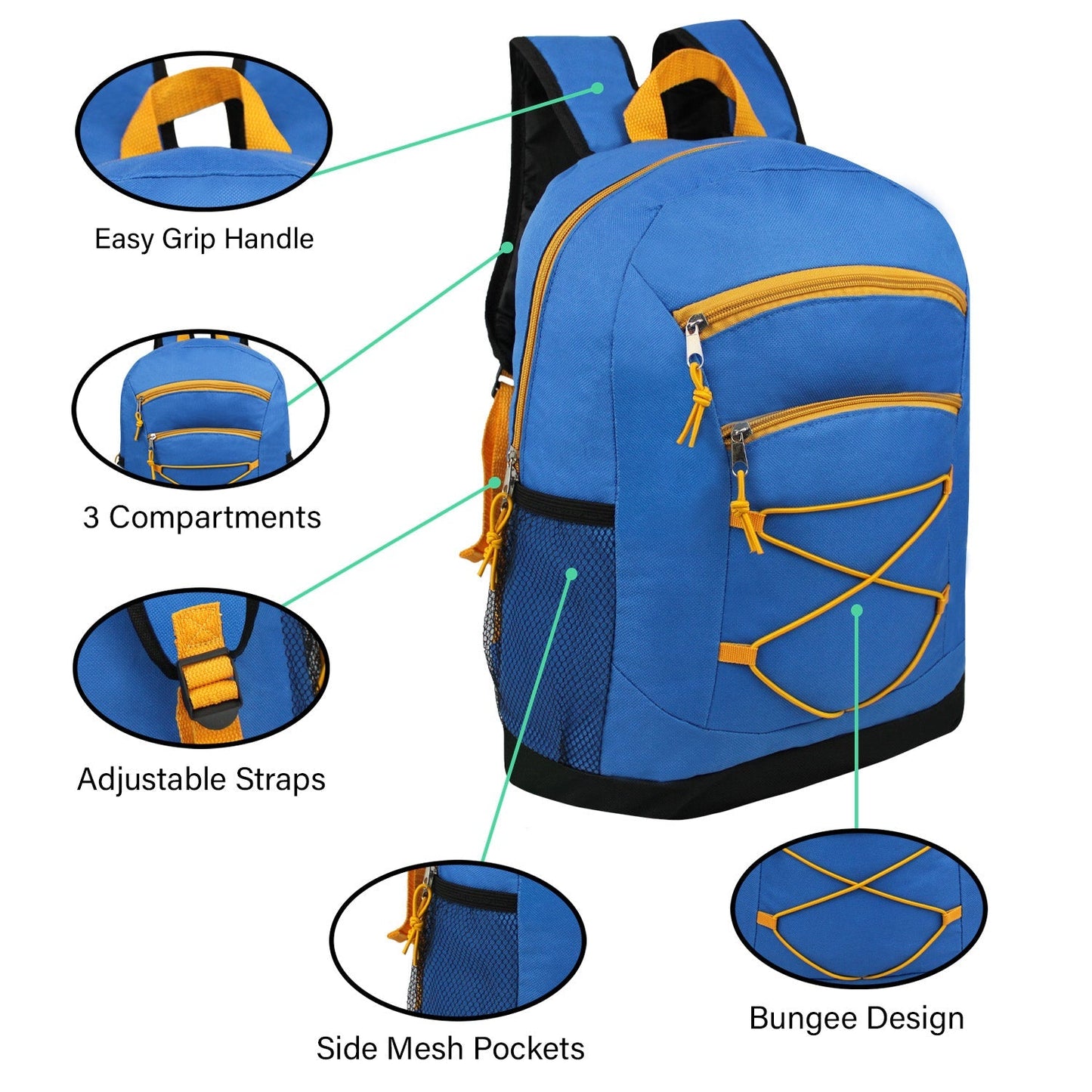 12 Bungee 17" Backpacks in 8 Colors & Your Choice of 12 Bulk Hygiene Kits - Wholesale Care Package: Homeless, Emergency, Charity