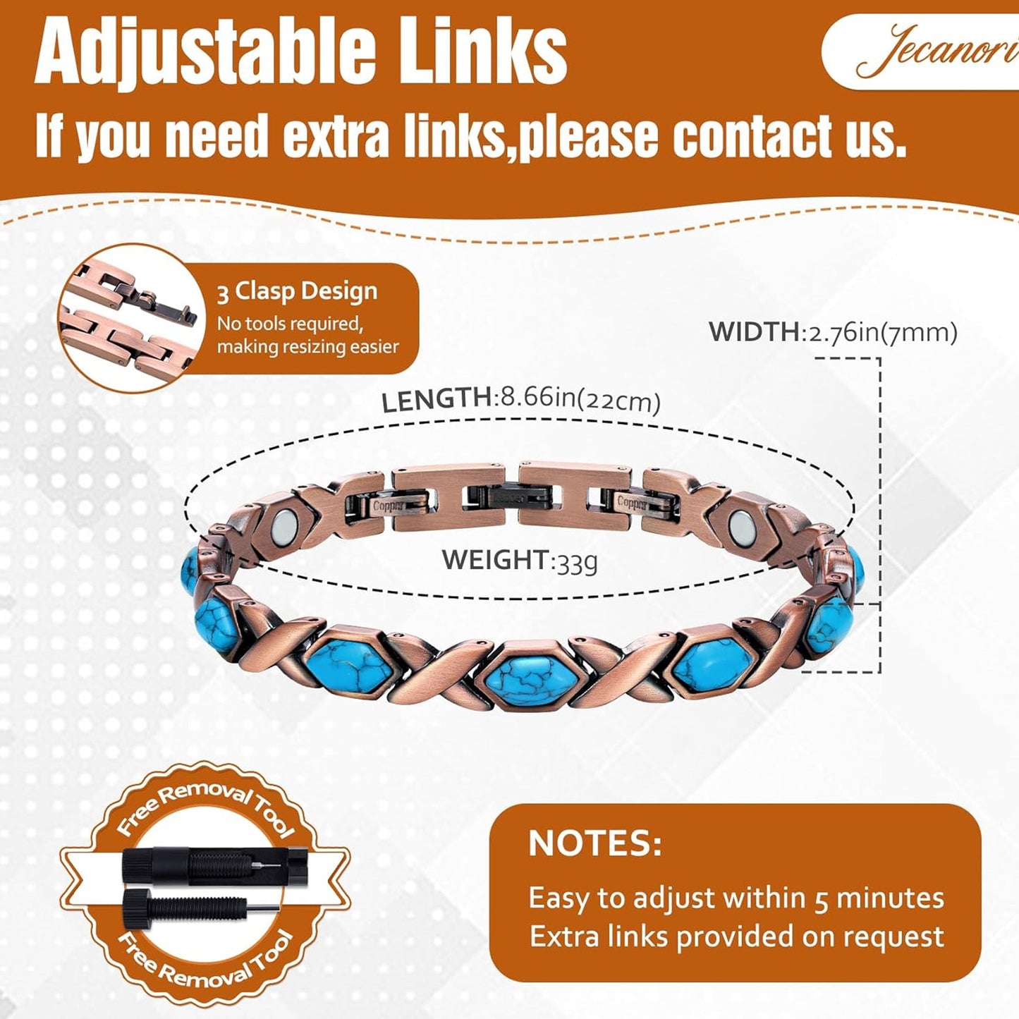 Solid Copper Magnetic Turquoise Link Bracelet - NoveltiesMart.com Wholesale