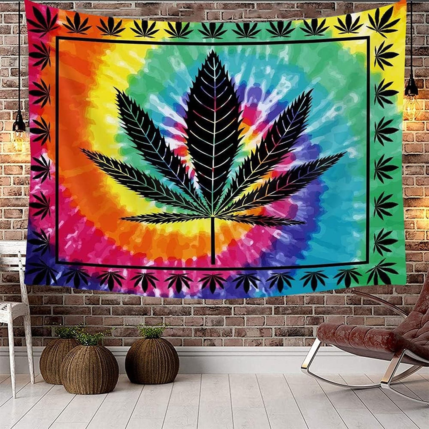 Tie Dye Marijuana Leaf Multicolor Tapestry 55" x 83" - Vibrant Cotton Wall Art - NoveltiesMart.com Wholesale