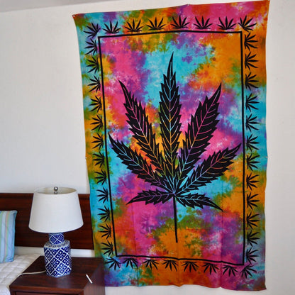 Tie Dye Marijuana Leaf Multicolor Tapestry 55" x 83" - Vibrant Cotton Wall Art - NoveltiesMart.com Wholesale