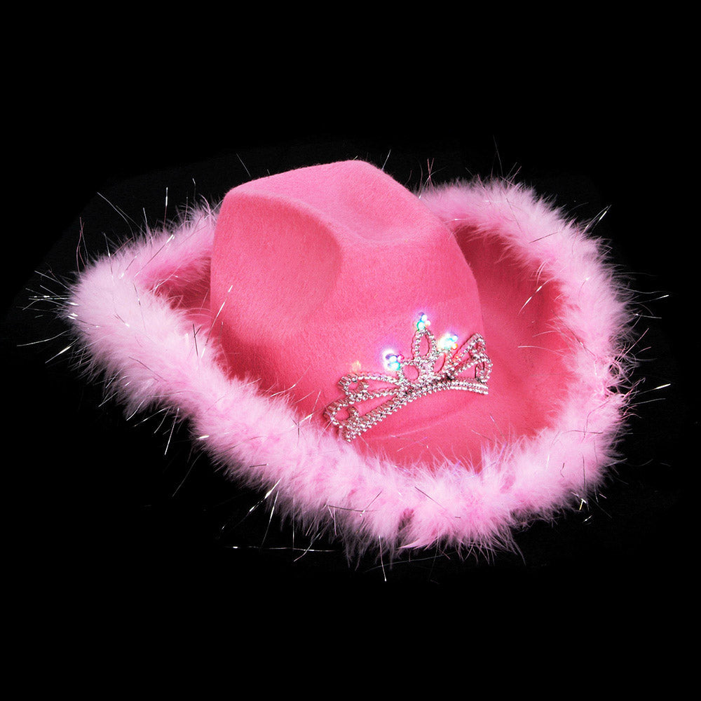 Light Up Tiara Pink Cowgirl Hat with Feathers