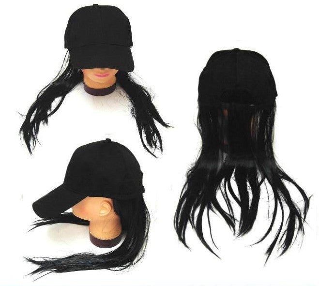 Baseball Hat with Long Black Hair - Novelty Cap Wholesale