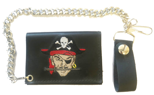 Embroidered Pirate Skull & Cross Bones Trifold Leather Wallet with Chain