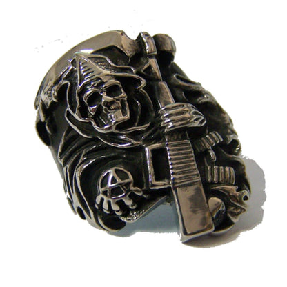 Anarchy Grim Reaper with Machine Gun Stainless Steel Biker Ring