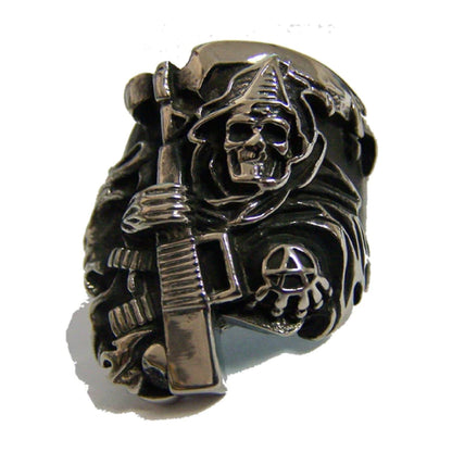 Anarchy Grim Reaper with Machine Gun Stainless Steel Biker Ring