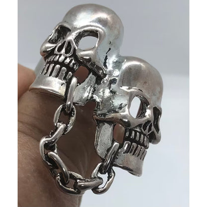 Chained Together Skull Heads Biker Ring - Wholesale